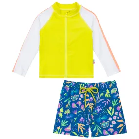 Boys Long Sleeve Zipper Rash Guard and Swim Trunk Set | "Tropadelic"