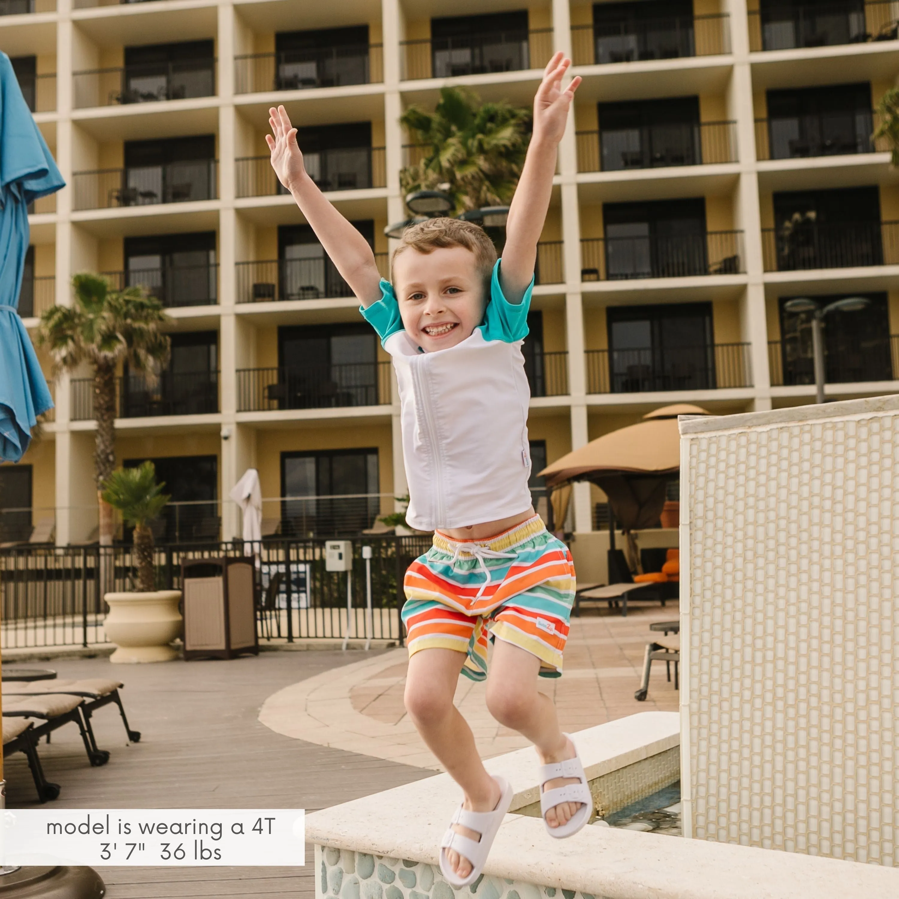 Boys Short Sleeve Zipper Rash Guard and Swim Trunk Set | "Rainbow"