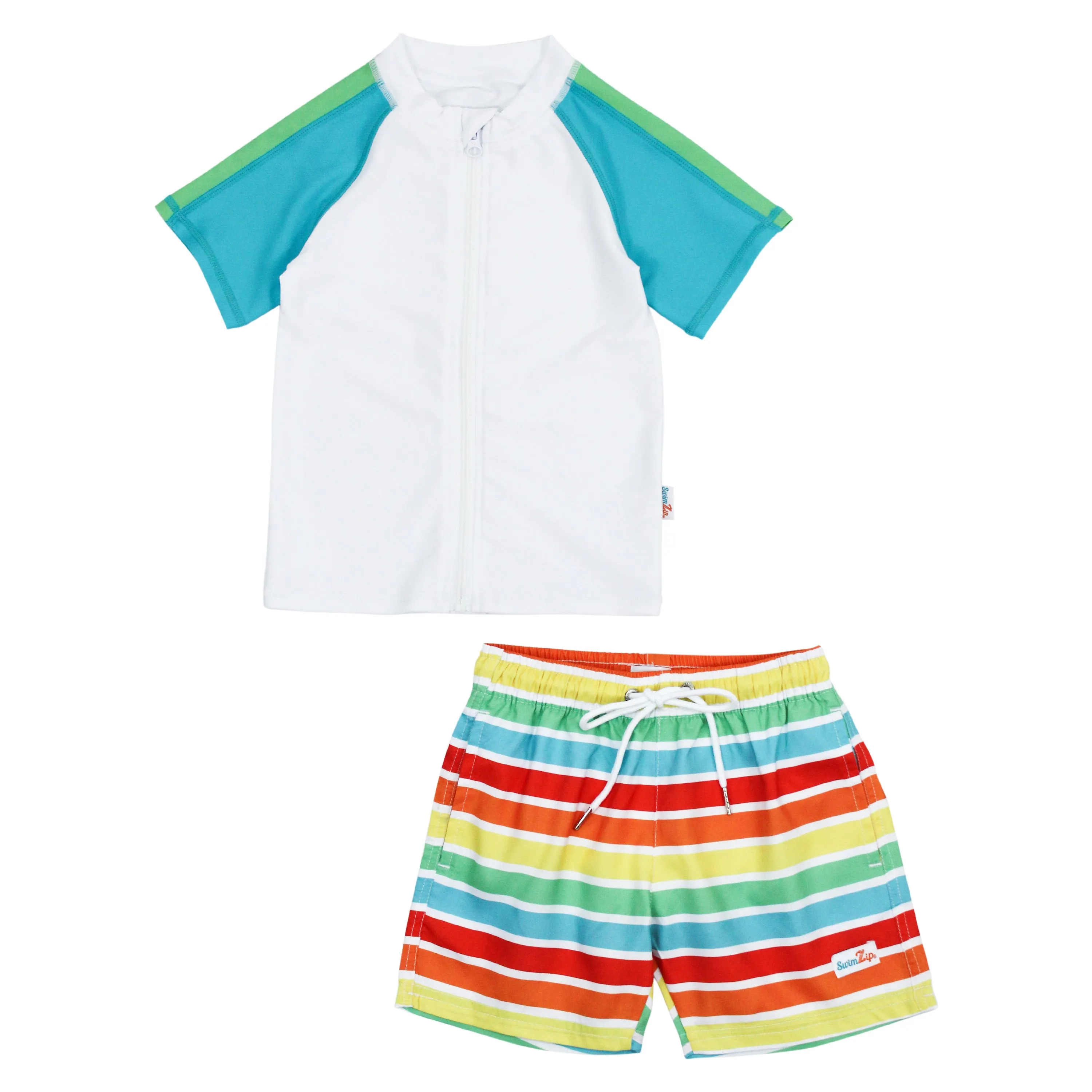 Boys Short Sleeve Zipper Rash Guard and Swim Trunk Set | "Rainbow"