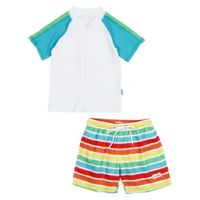 Boys Short Sleeve Zipper Rash Guard and Swim Trunk Set | "Rainbow"