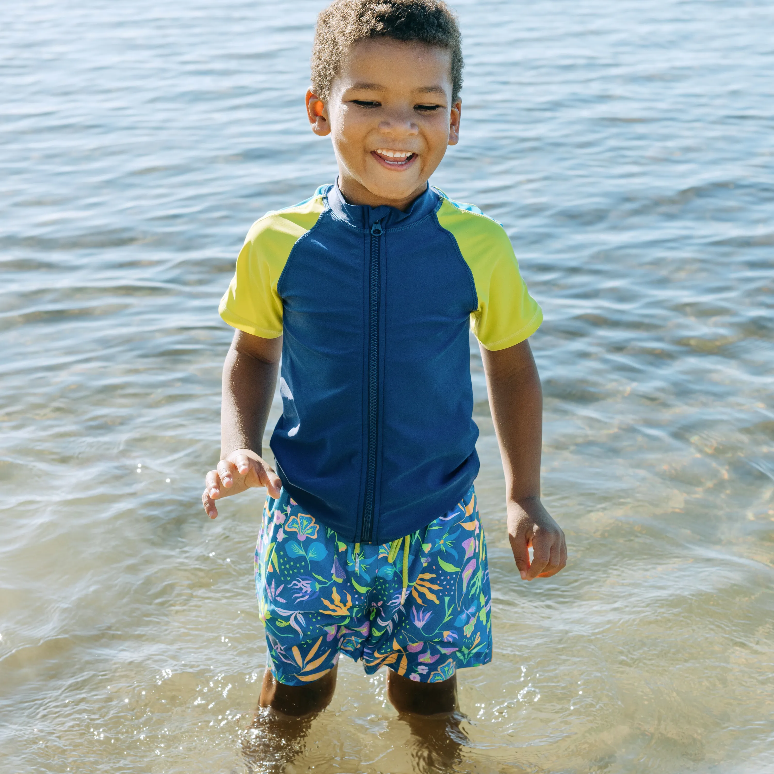 Boys Short Sleeve Zipper Rash Guard and Swim Trunk Set | "Tropadelic"
