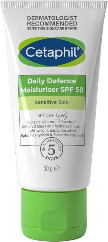 Cetaphil Daily Defense Face Moisturizer, SPF 50  Day Cream With Glycerin, 50g, Sunscreen For All Skin Types