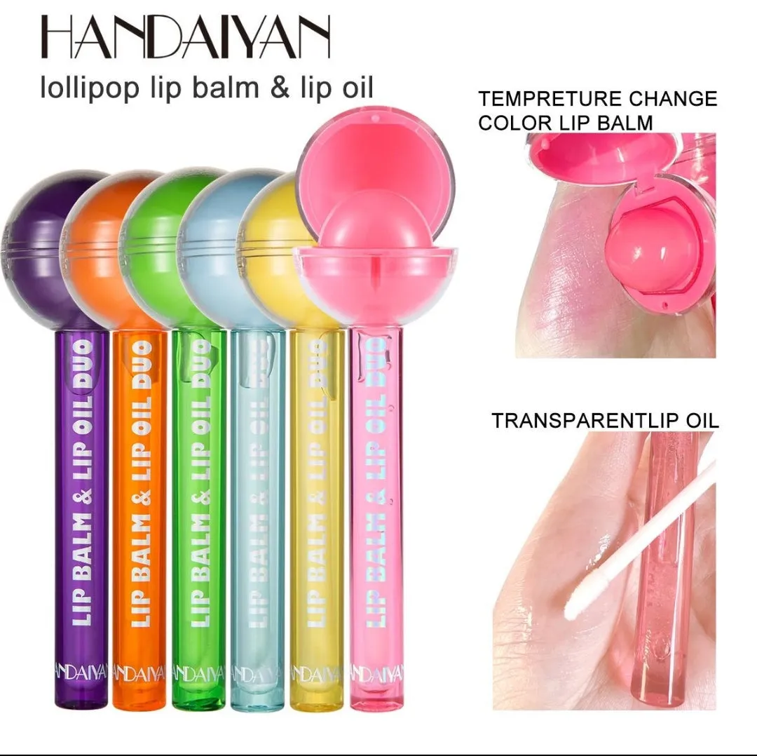 Cute Lollipop Lip Balm Lip Gloss Moisturizer Candy Lip Gloss Lipstick 2 in 1 Color Change Lip Cosmetics