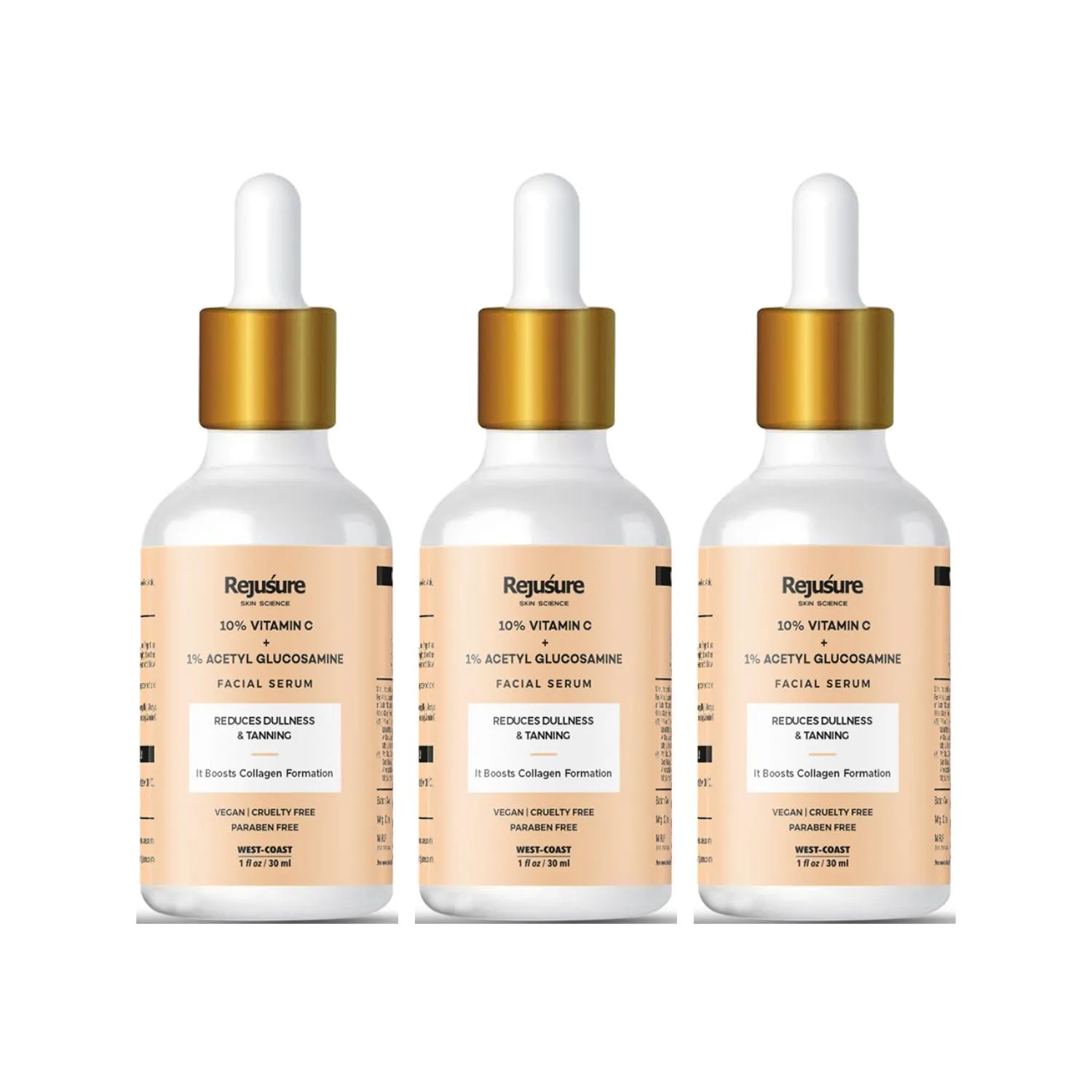 Rejusure 10% Vitamin C   1% Acetyl Glucosamine Facial Serum to Boots Collagen Production & Protects from Environmental Stress– 30ml (Pack of 3)